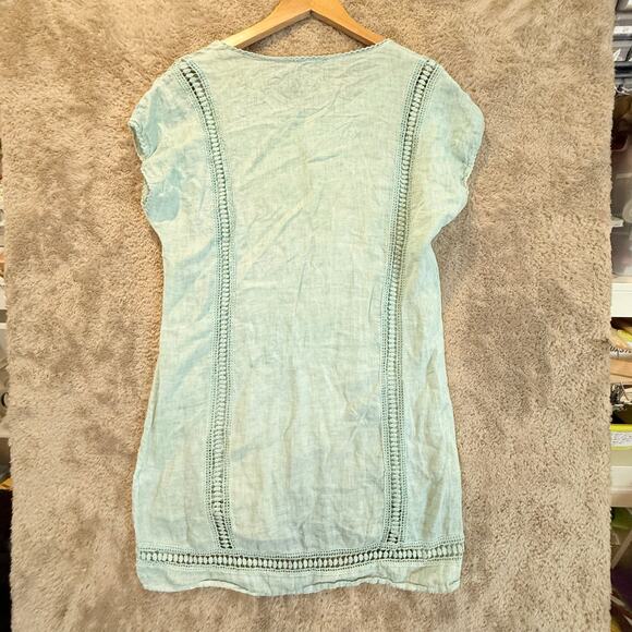 Bellambra Mint Green Linen Shift Dress Embroider Lace Trim M Made in Italy - Picture 2 of 10
